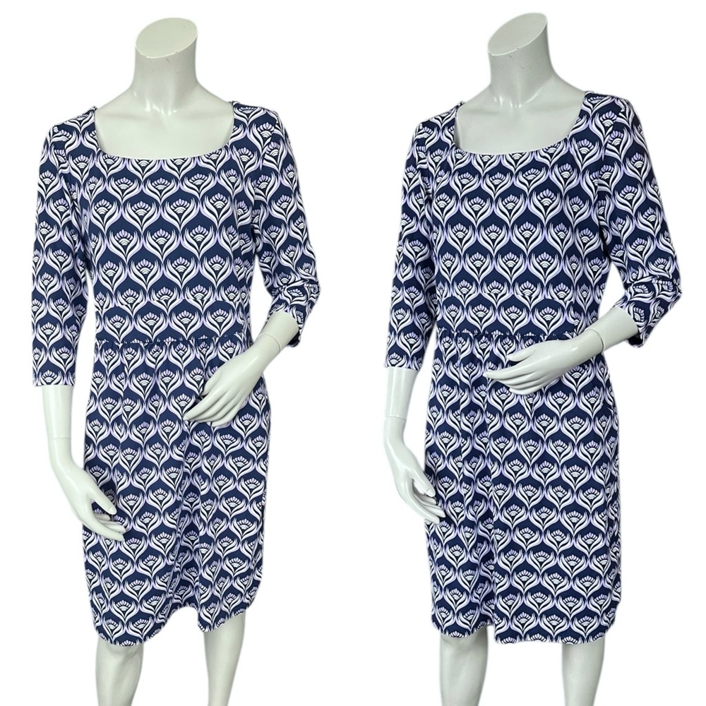 J McLaughlin Navy Purple White Square Neck 3/4 Sleeve Catalina Cloth Dress Med